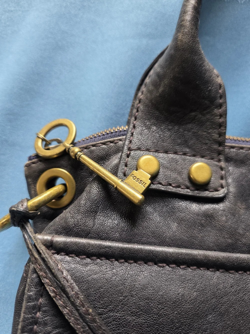 Fossil Long Live Vintage Black Pewter Metallic Leather Cargo Satchel Bag Y2K